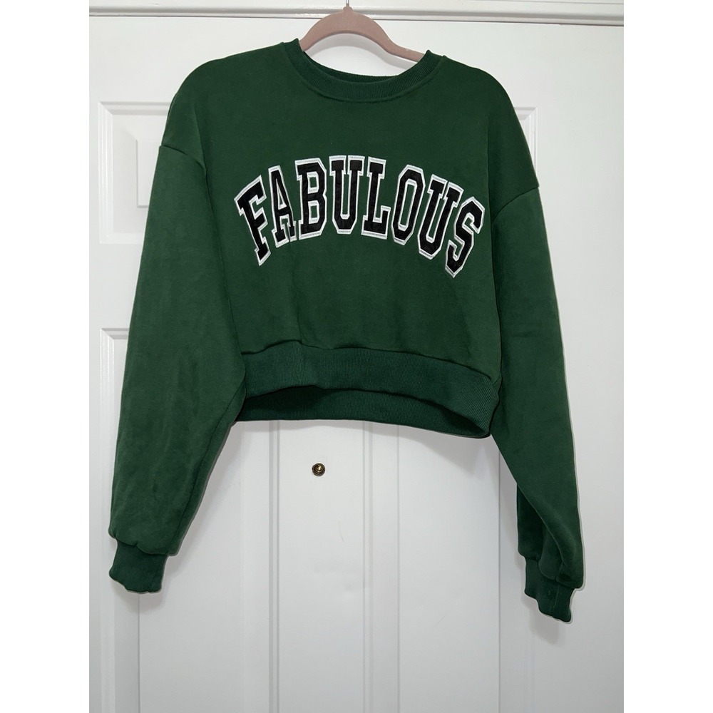 Adika Women's Cropped Green Sweatshirt Medium FABULOUS Spelled Out Streetwear